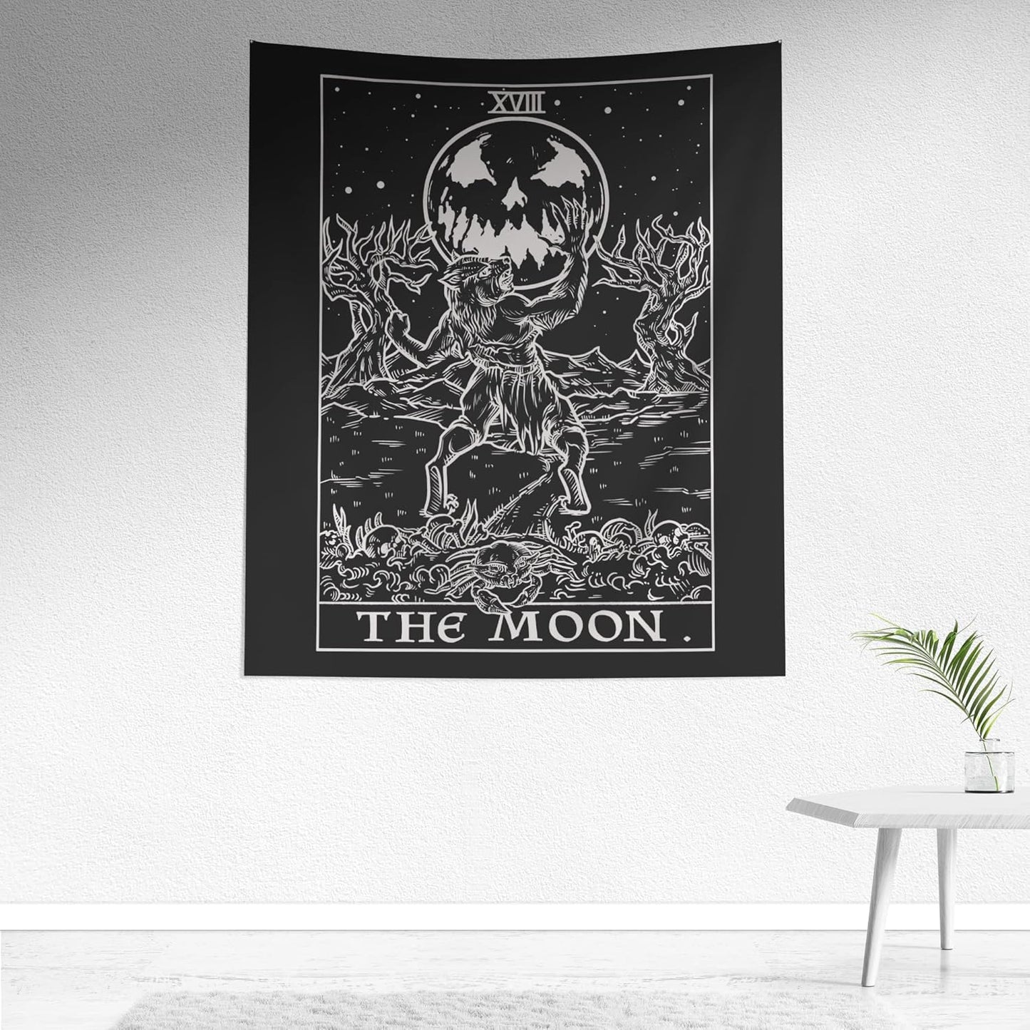 The Moon Tarot Card Tapestry (Black & White) - Werewolf - Gothic Halloween Home Decor Wall Hanging (60" x 50")