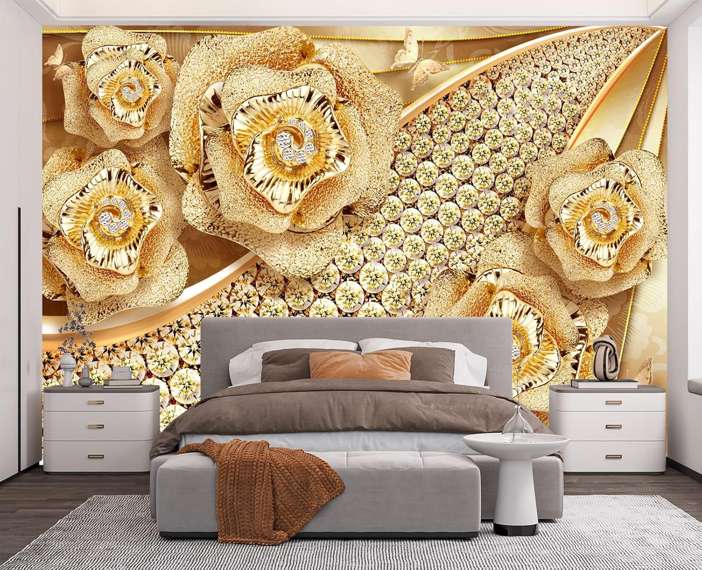 Golden Jewelry Diamond Rose Butterfly Wall Mural Wallpaper for Bedroom 103" x 69"