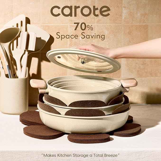 CAROTE 25PCS Ceramic Cookware Set, Pots and Pans set Non Stick, RV Kitchen Cooking Set Removable Handles, Oven Safe, Induction Cookware, Non-toxic Kitchen Cooking Set, PFAS Free, Mothers Day Gifts