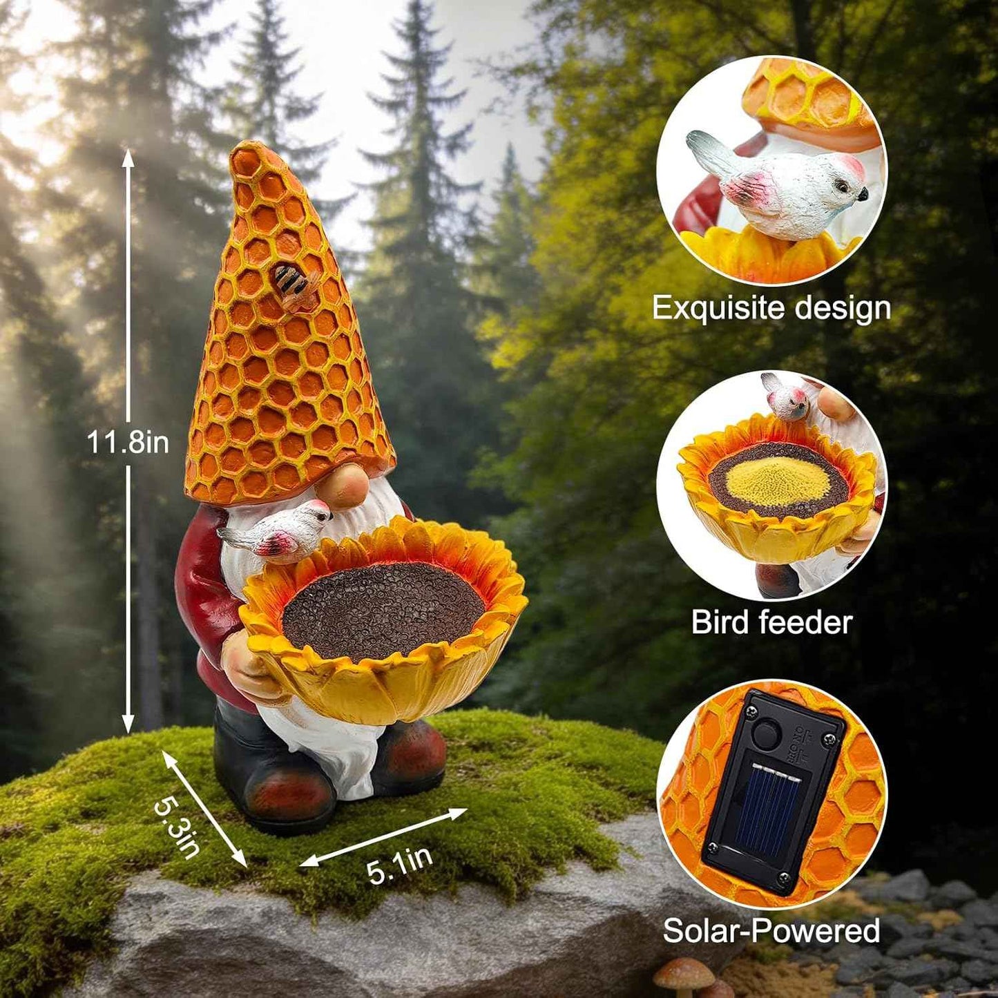 Solar Gnome Garden Statue with Honeycomb Hat & Sunflower Bird Feeder - Outdoor Decor with LED Lights for Patio, Lawn, Yard, Porch, Backyard,Best Garden Gifts for Mothers Day, Housewarming, Festival