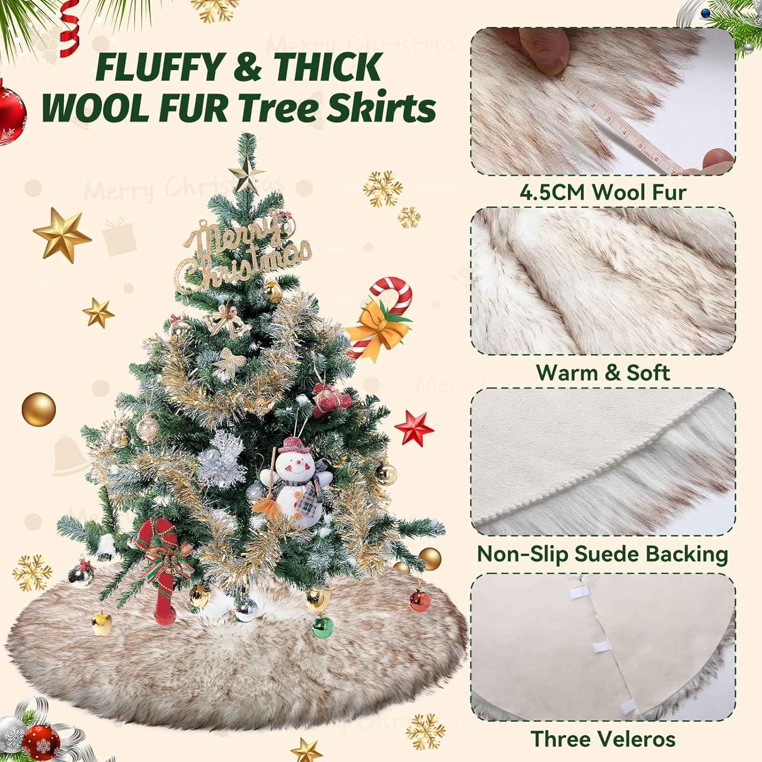 36 Inch Wool Fur Christmas Tree Skirt Thick Plush White and Brown Tree Skirt Christmas Tree Decoration for Xmas Home Party Holiday Decor