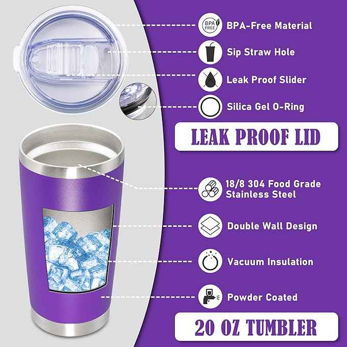 20 oz Tumbler Coffee Travel Tumblers Bulk with Lid Stainless Steel Double Wall Vacuum Insulated Mug Powder Coated Cups fit Car Cupholder for Hot and Cold - Purple, 1Pack