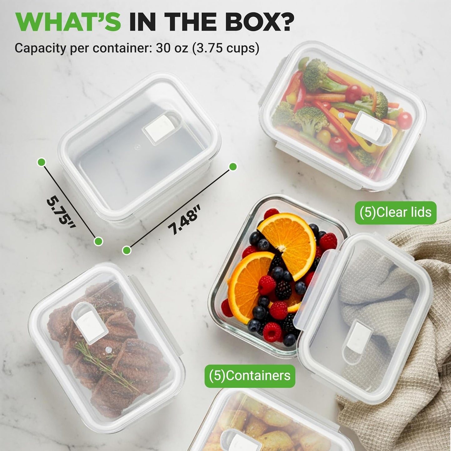 NutriChef 10-Piece Superior Glass Food Storage Containers Set (5 Containers + 5 Locking Lids),Stackable Meal-prep Design, BPA-free Airtight Clear Locking lids with Vent Lids & Air Hole, NCCLX5