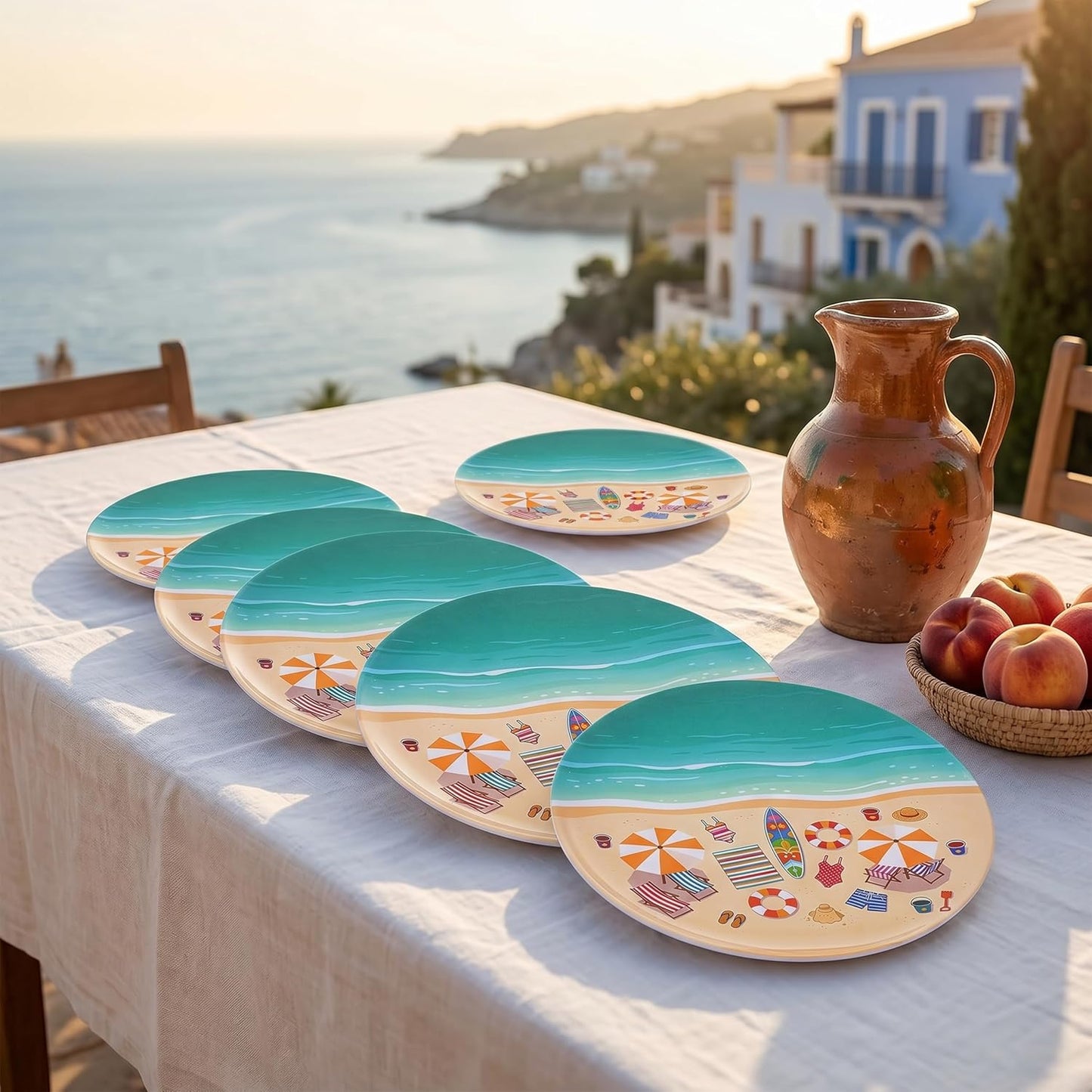 Melamine Plates Set of 6, 10-Inch Unbreakable Melamine Dishes, Reusable Dinner Plates Set, Dishwasher Safe Outdoor Dinnerware for for Poolside, Picnic, RV,Camping Party（Summer Beach ）