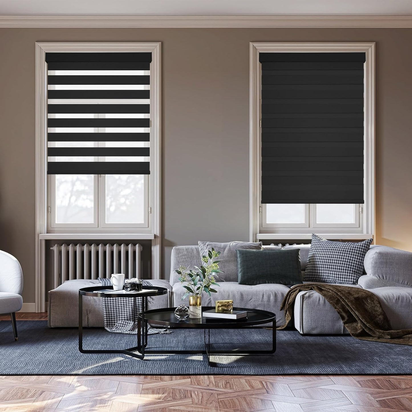 HESTIA Cordless Zebra Blinds Light Filtering Roller Shades UV Blocking Blackout Privacy Indoor Window Shades for Home Office Day and Night, Black,41" W x 48" H