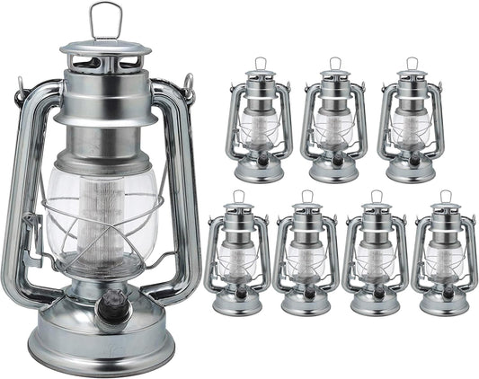 YAKii LED Vintage Metal Hanging Hurricane Lantern - 12 LED Dimmer Switch, Cold White Battery Operated for Power Outage Indoor Camping Outdoor Decoration (Silver Pack of 8)