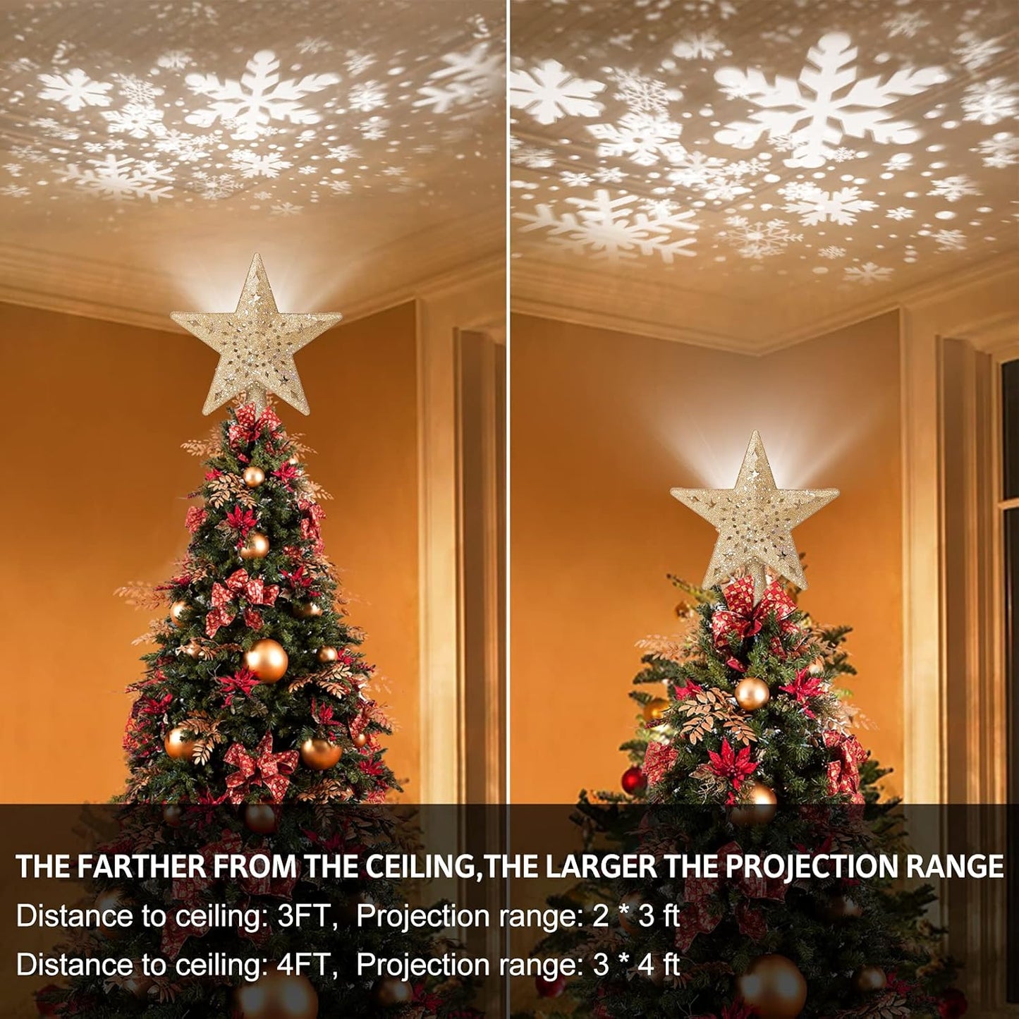 BLOOMWIN Christmas Tree Topper Lighted with Snowflake Projector, LED Rotating Hollow Snowflake, 3D Glitter Lighted Gold Star Tree Topper for Xmas Tree Festival Decorations Lights