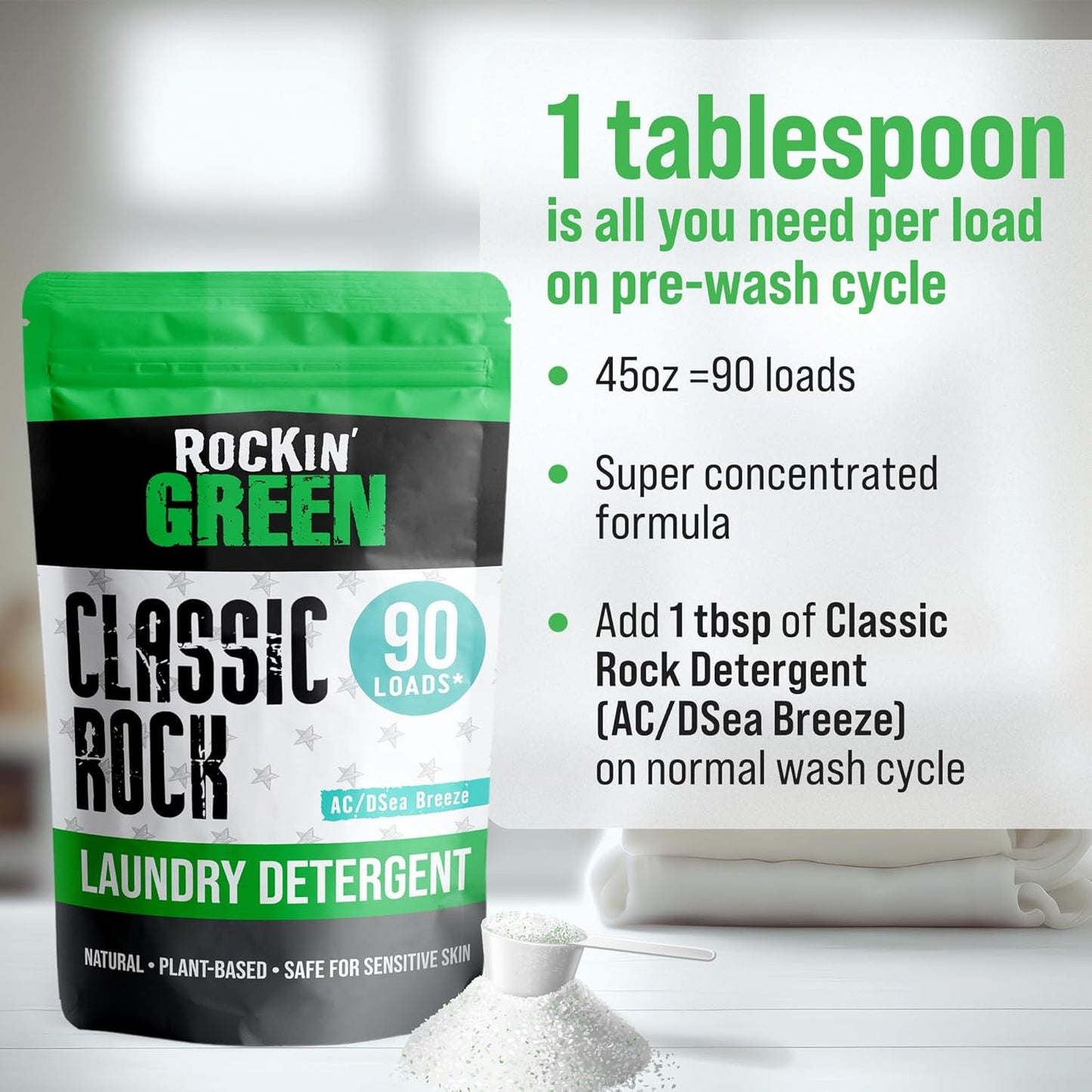 Rockin' Green Classic Rock Laundry Detergent (90 Loads), Plant based, All Natural Laundry Detergent Powder, Vegan and Biodegradable Odor Fighter, Safe for Sensitive Skin, 45 oz (AC/DSea Breeze)