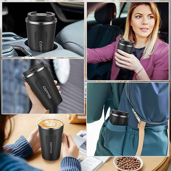MOMSIV 12oz Travel Mug, Insulated Coffee Cup with Leakproof Lid, Vacuum Stainless Steel Double Walled Reusable Tumbler for Hot and Cold Water Coffee and Tea In Travel and Car Black