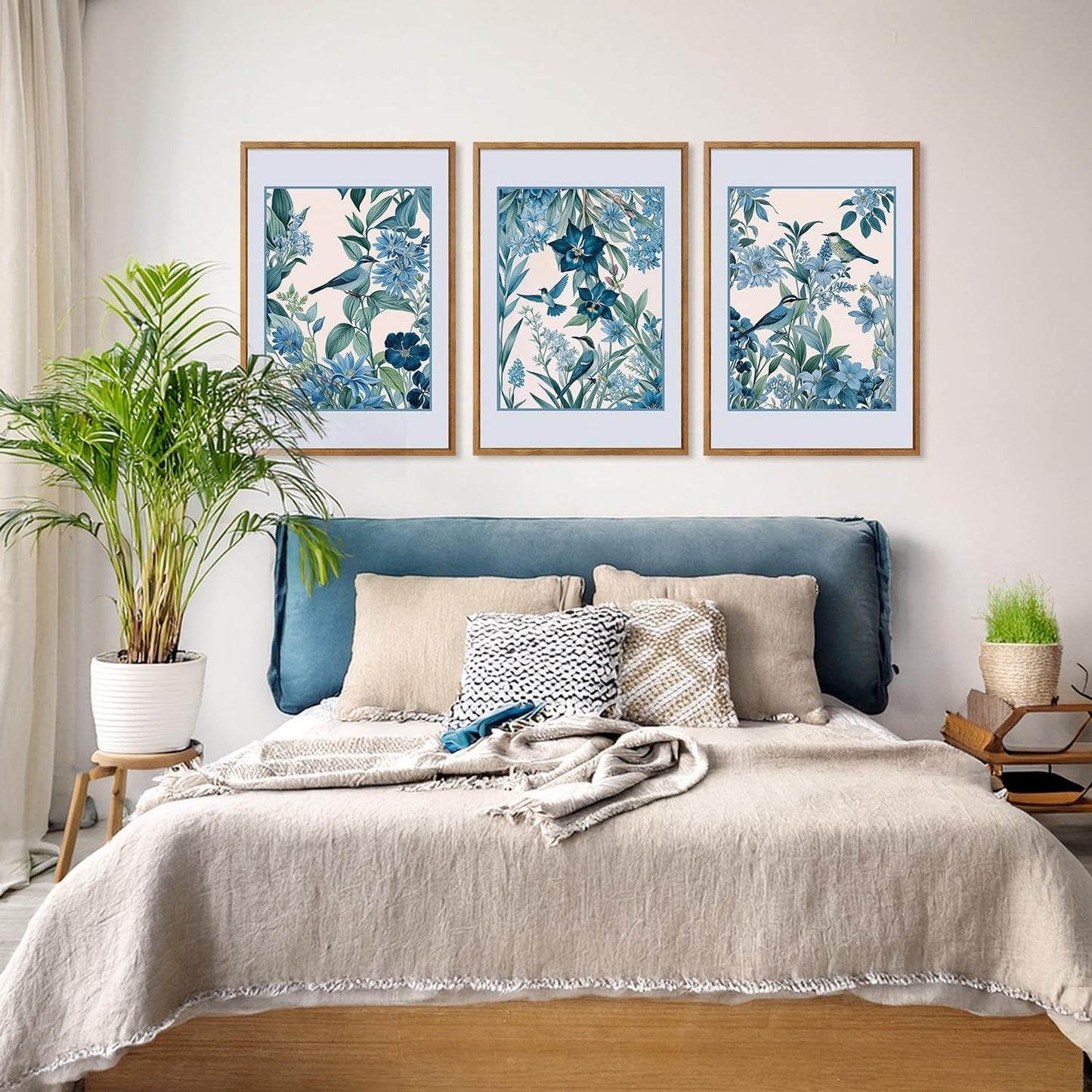Aurlan Vintage Blue Birds and Botanical Framed Wall Art(16"x24"), 3PCS Classic Chinoiserie Audubon Bird Canvas Artwork, Large Abstract Watercolor Flowers Floral Home Decor for Bedroom Living Room