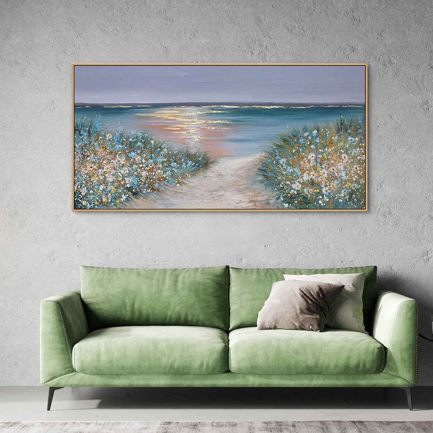 yiijeah Beach Wall Art Large Landscape Canvas Coastal Gold Picture Horizontal Artwork for Walls Ocean Prints Big Paintings Living Room Bedroom Office Home Decor 48x24 Inches