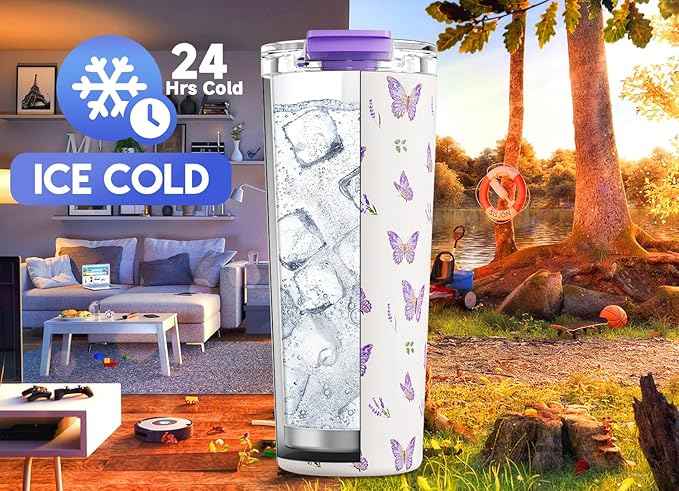 Meoky 24 oz Travel Coffee Mug with Leak-proof Lid, Stainless Steel Insulated Coffee Tumbler, Keeps Hot for 8 Hours or Cold for 24 Hours, Fits in Car Cup Holder (Butterfly)