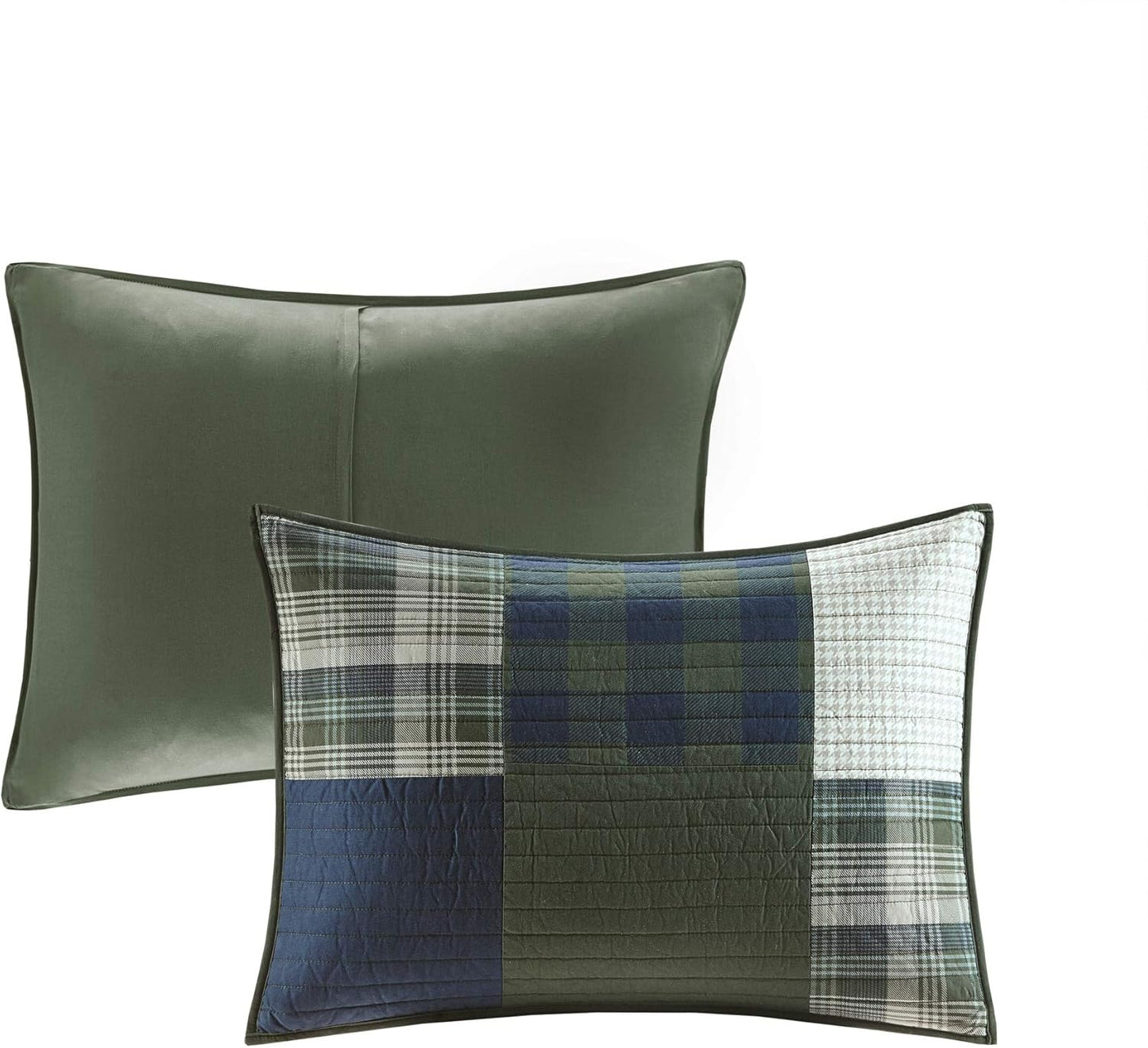 Woolrich Mill Creek Reversible Quilt Set - Cottage Styling Reversed to Solid Color, All Season Lightweight Coverlet, Cozy Bedding Layer, Matching Shams, Oversized Full/Queen, Plaid Green 3 Piece