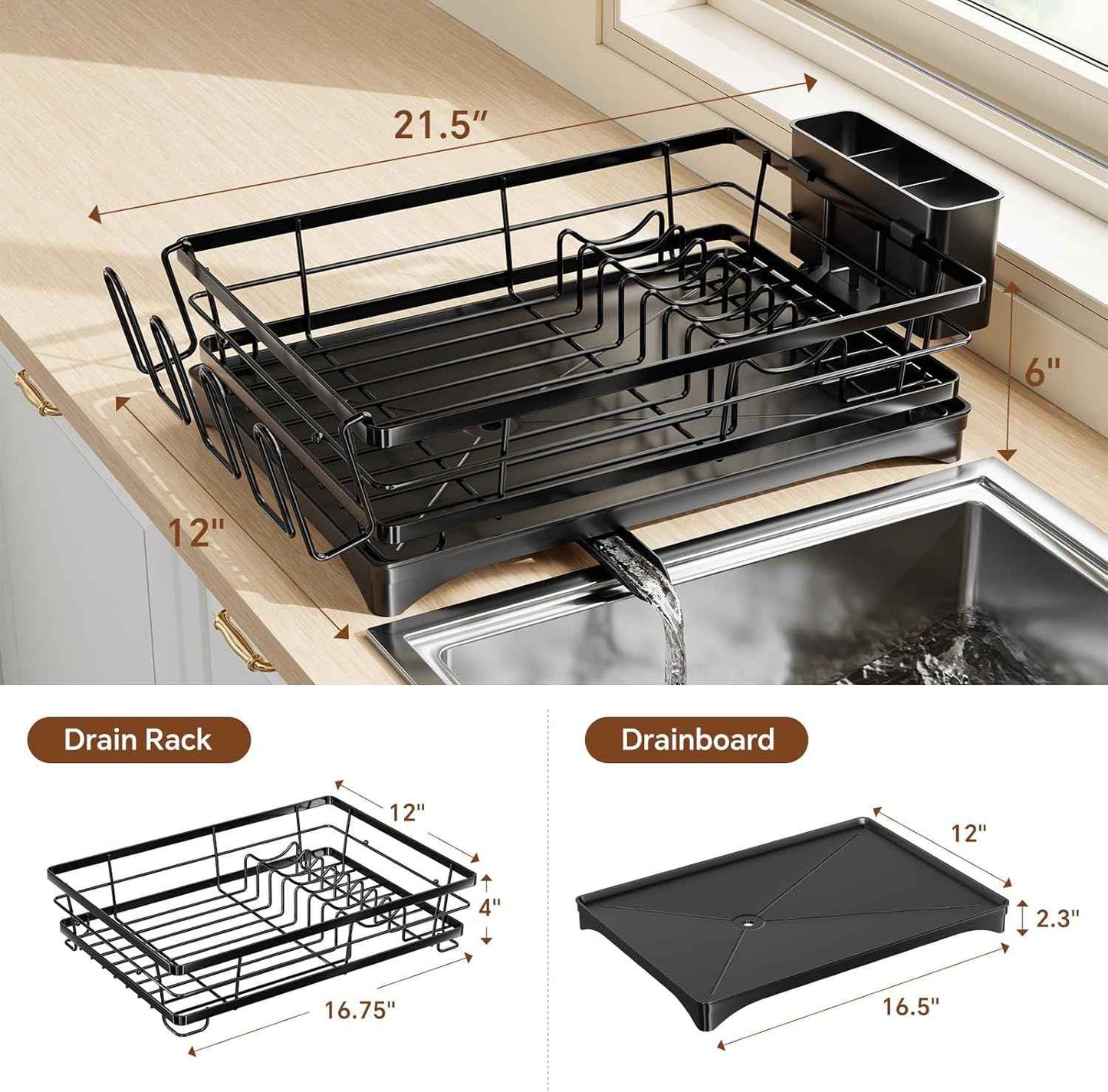 Simple Trending Dish Drying Rack for Kitchen Counter, Stainless Steel Dish Rack, Large Dish Drainer Organizer with Cutlery Holder & Cup Holders, Black