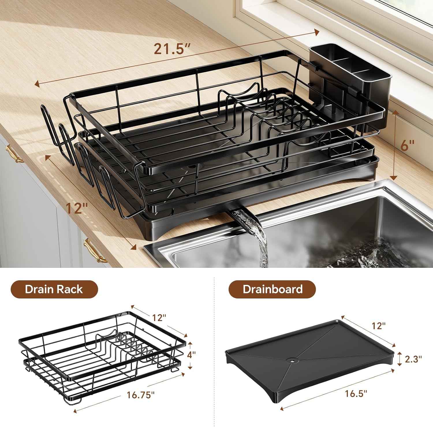 Simple Trending Dish Drying Rack for Kitchen Counter, Stainless Steel Dish Rack, Large Dish Drainer Organizer with Cutlery Holder & Cup Holders, Black