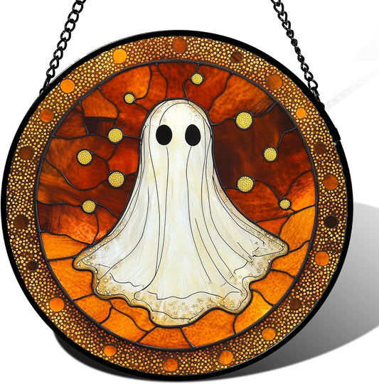 Stained Glass Window Hanging - Halloween Decorations White Ghost Suncatcher for Doors Garden Indoor Spooky Funny Orange Sun Catchers Gothic Decor Horror Gifts for Women Men Friend 11.8 in