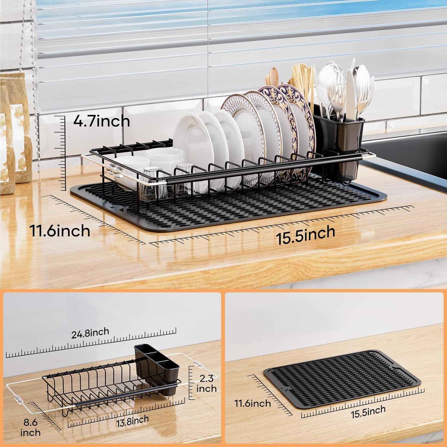 Sink Dish Drying Rack, Expandable Small Dish Drainers with Silicone Drying Mat, Stainless Steel Dish Dryer Rack with a Removable Cutlery Holder for 14’’-19’’ Kitchen Sink