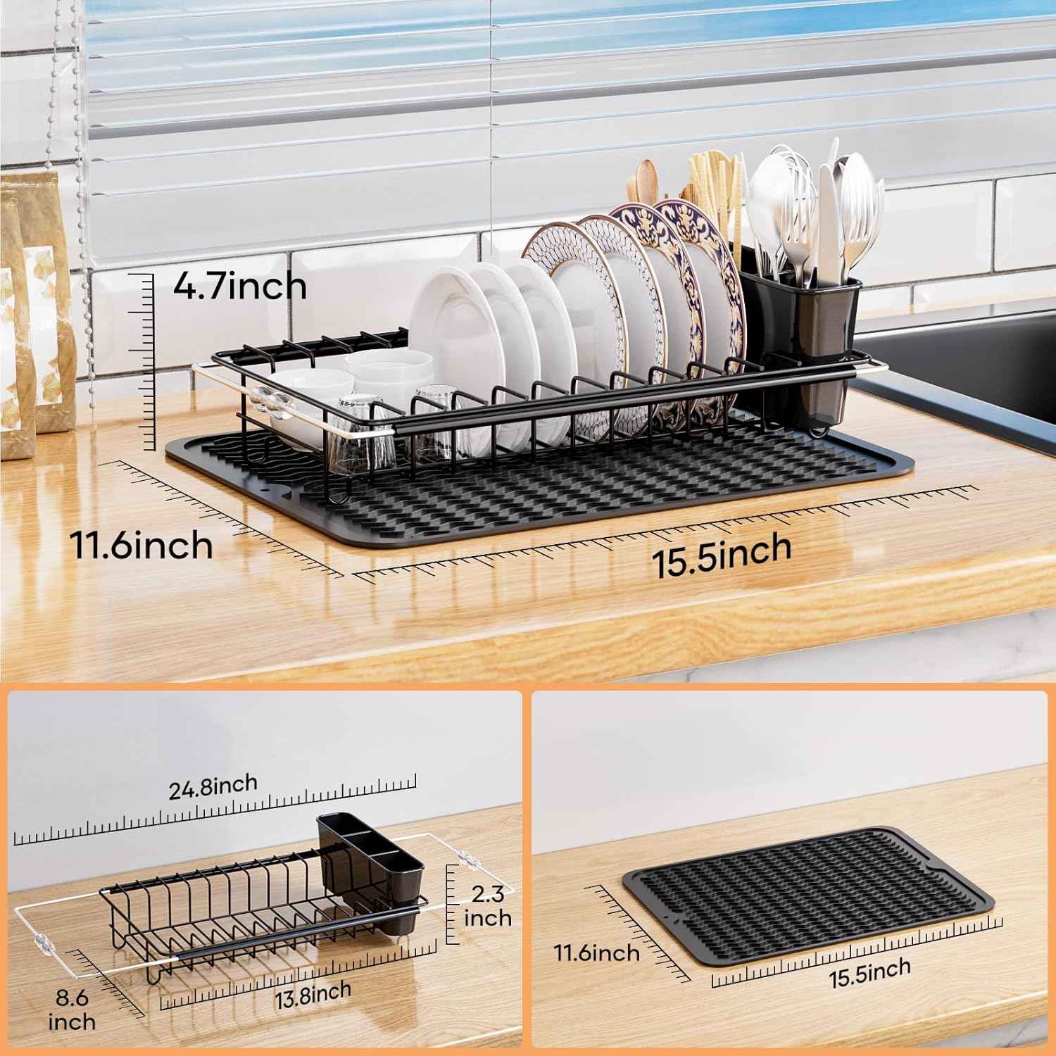 Sink Dish Drying Rack, Expandable Small Dish Drainers with Silicone Drying Mat, Stainless Steel Dish Dryer Rack with a Removable Cutlery Holder for 14’’-19’’ Kitchen Sink
