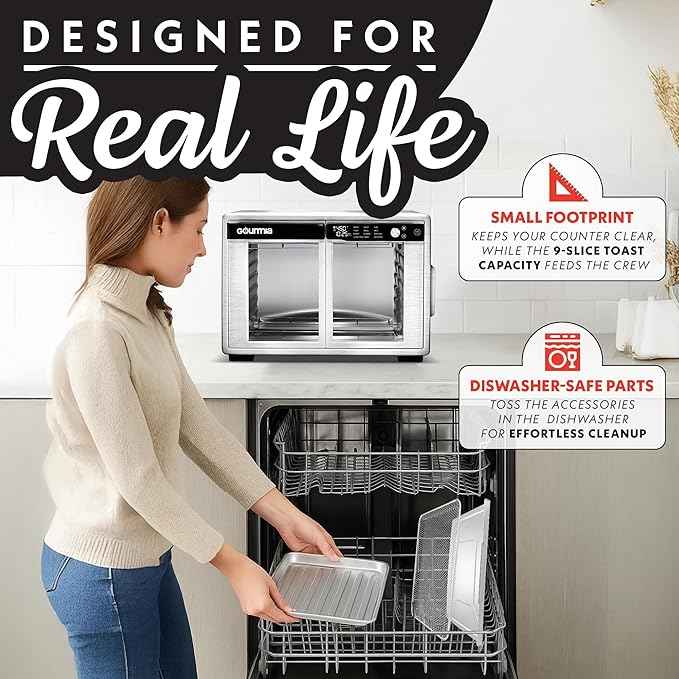 Gourmia French Door Air Fryer Oven - 37 Qt Large Capacity Convection Toaster Oven, FryForce 360°, Digital Display, 12 Cooking Presets, Dehydrate, Fits 13” Pizza, Dishwasher-Safe, Stainless Steel