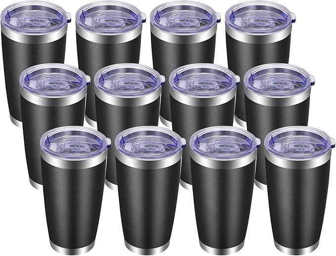 VEGOND 20oz Tumbler with Lid and Straw Stainless Steel Tumbler Cup Bulk Vacuum Insulated Double Wall Travel Coffee Mug Powder Coated Coffee Cup, Black, 12 Pack