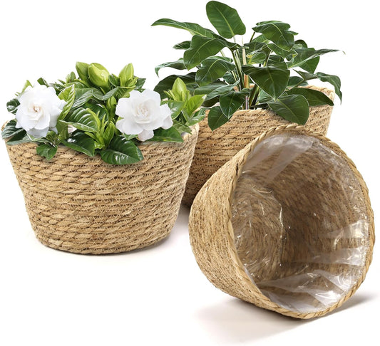 Athaliah Plant Basket Set of 3, Indoor Woven Planter Baskets with Plastic Liner, Water Hyacinth and Corn Husk Decorative Pots for Rustic Home & Floor Plant Decor (Natural Color-3)