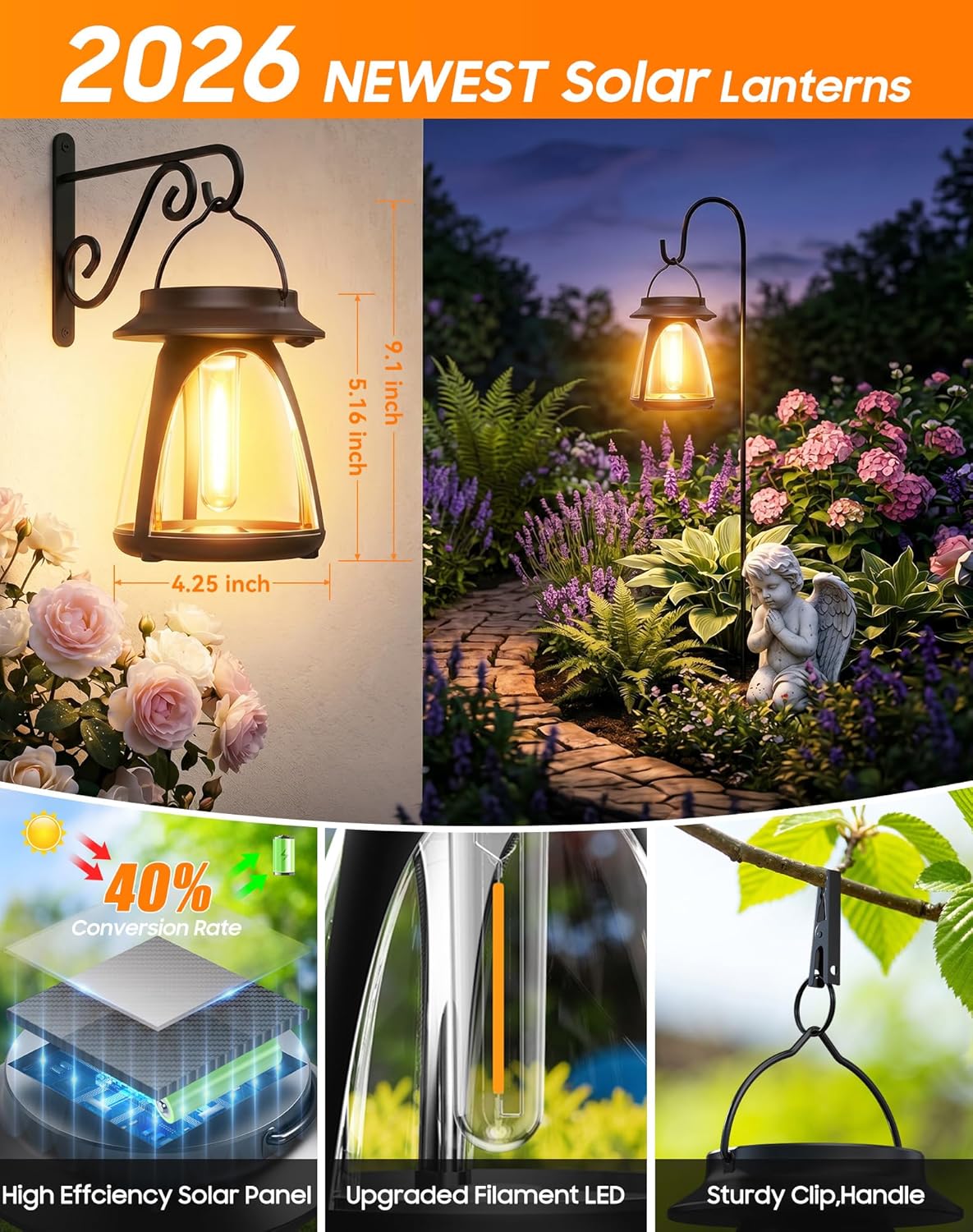Solar Lanterns Outdoor 2 Pack, Hanging Solar Lights Waterproof IP65, 8-14h Long-lasting Warm Light, 2 Modes Solar Powered Modern Lantern/Lamp for Garden Patio Yard Decor, Gifts for Mom, Women, Old Men