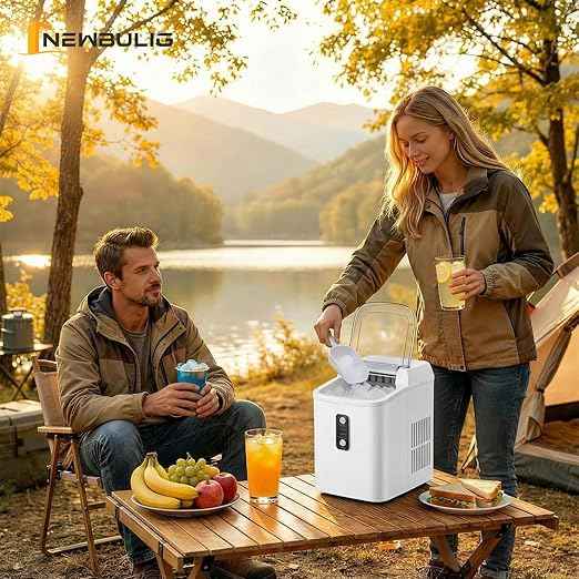 NEWBULIG Nugget Ice Makers Countertop, Portable Nugget Ice Machine, Ready in 6 Mins, 24lbs in 24Hrs, Auto-Cleaning, with Basket and Scoop, for Home, Kitchen, RV, Camping, White