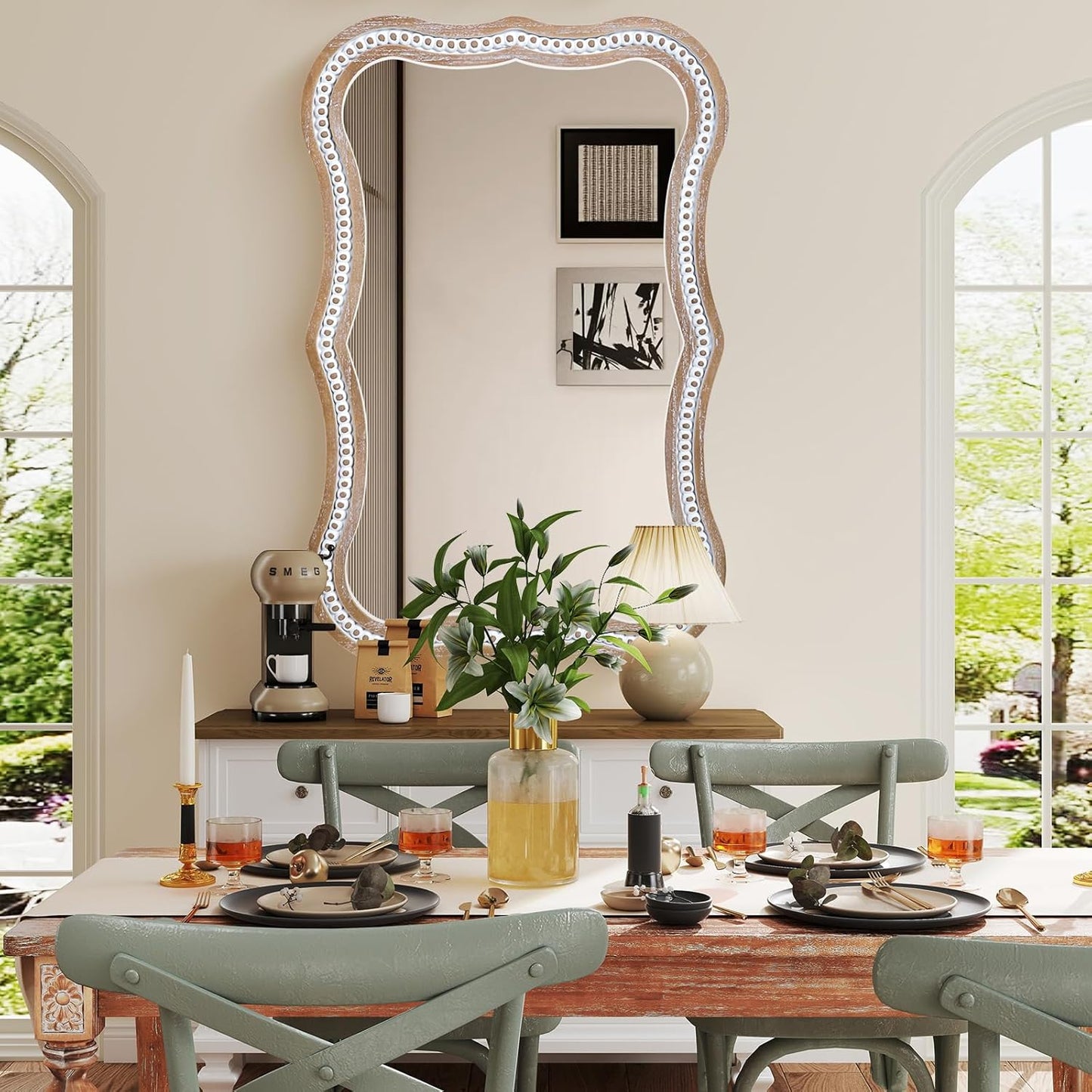 35" x 24" Rustic Farmhouse Mirror for Wall Decor, Wooden Beads Decorative Mirrors for Living Room, Bedroom, Hallway, Bathroom, Entryway - Vertical or Horizontal Hanging