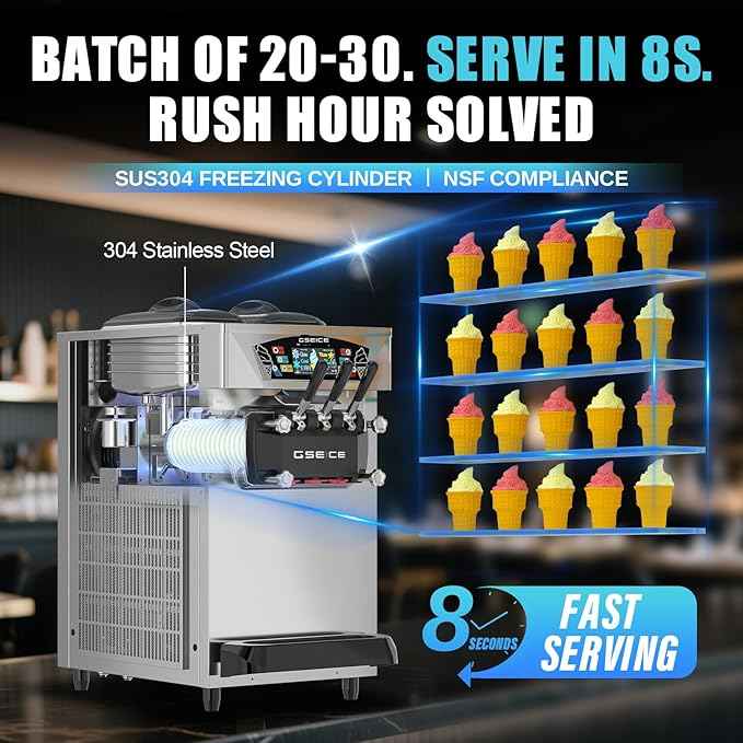 Commercial Ice Cream Maker, 6.8-8.4 Gal/H, 2 * 8L Hopper 110V Countertop Soft Serve Ice Cream Machine, 3 Flavors Puffing Alarm Pre-Cooling For Shops Cafes Dessert Stores, Auto Clean & Touch Screen