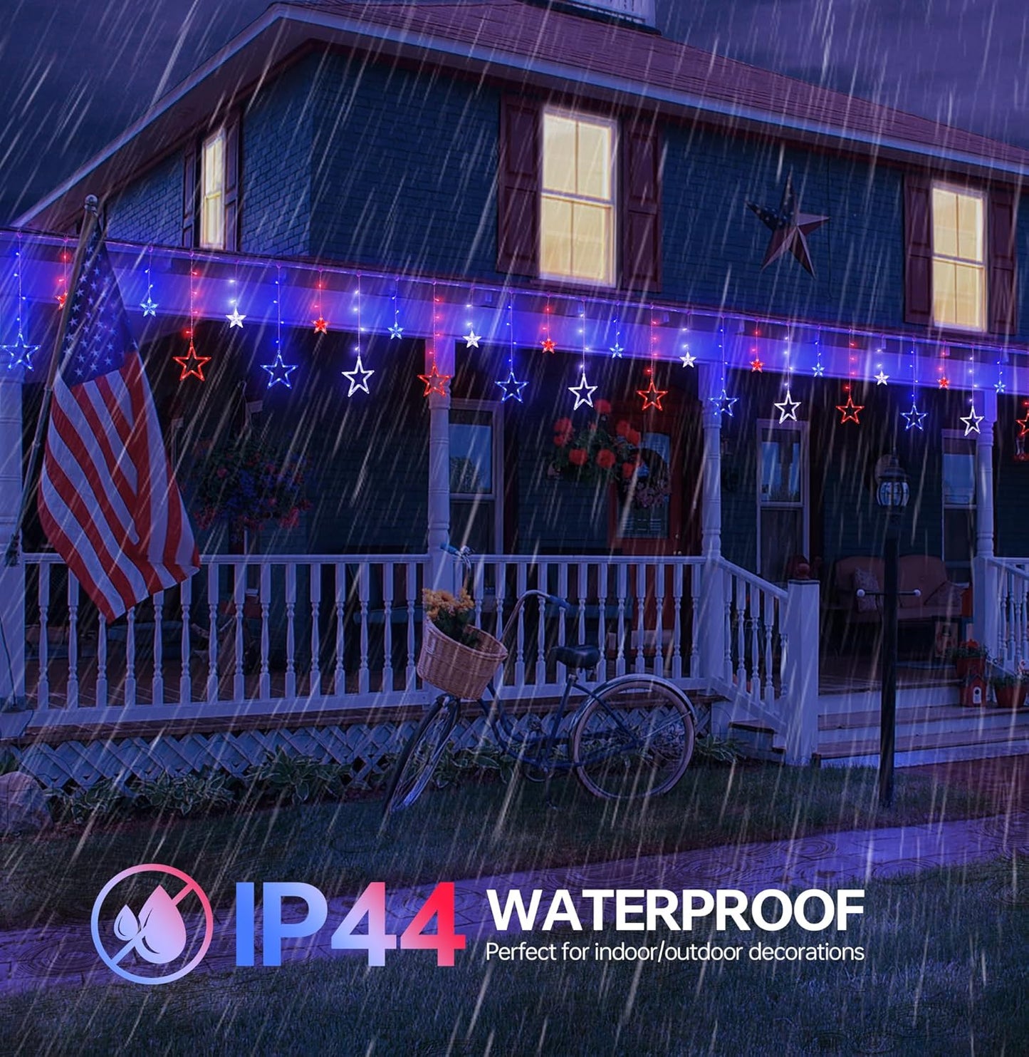 4th of July Patriotic Star Icicle Lights,8.2ft 126LED red White and Blue Curtain String Waterproof, 8 Modes with Timer Connectable Independence Day Decorations Window Lights for Outdoor Indoor