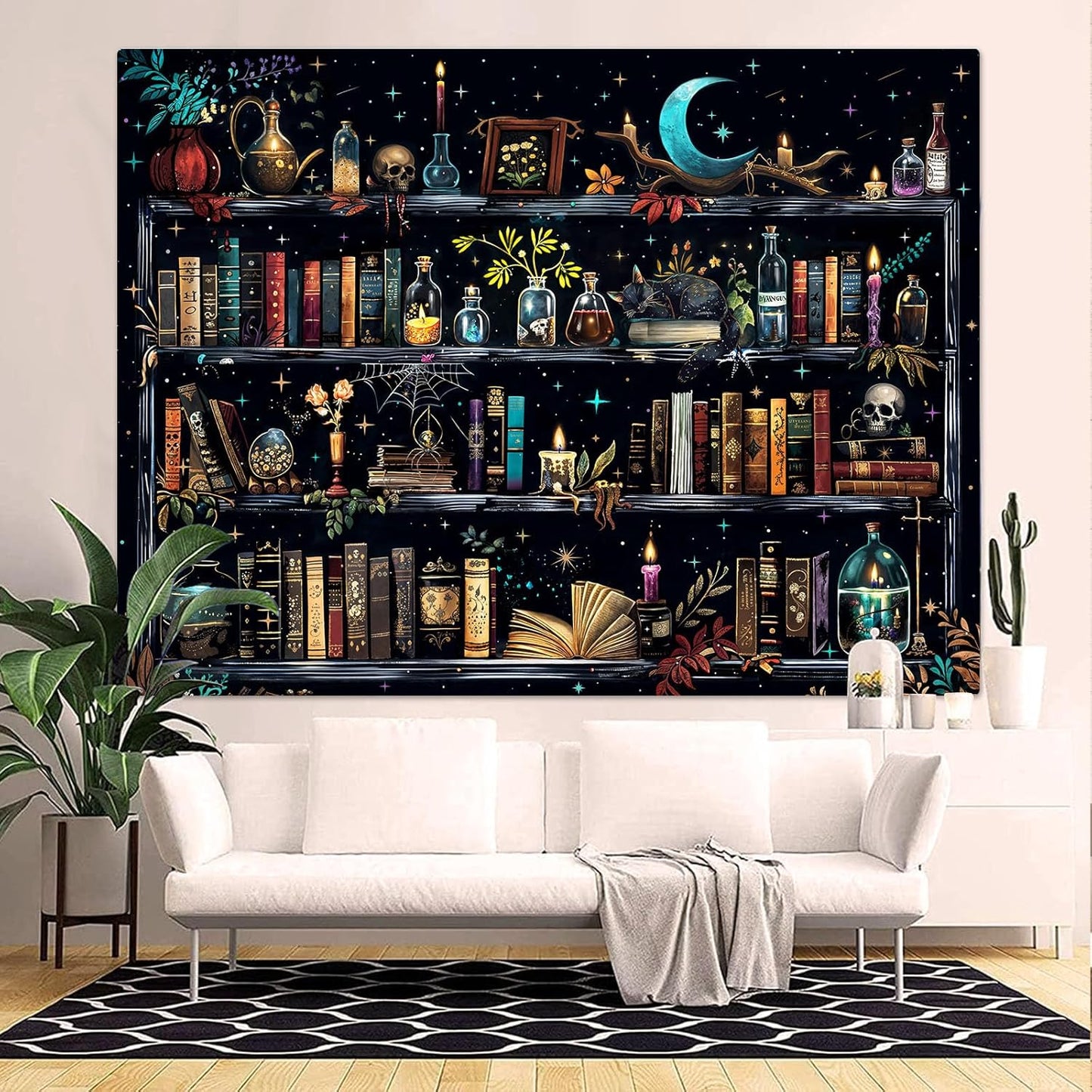 Accnicc Magic Bookshelf Tapestry Magical Witchy Potion Dark Hippie Haloween Tapestries Wall Hanging Gothic Skull Black Cat Library Book Tapestry for Bedroom Living Room Dorm 80 x 60 inch