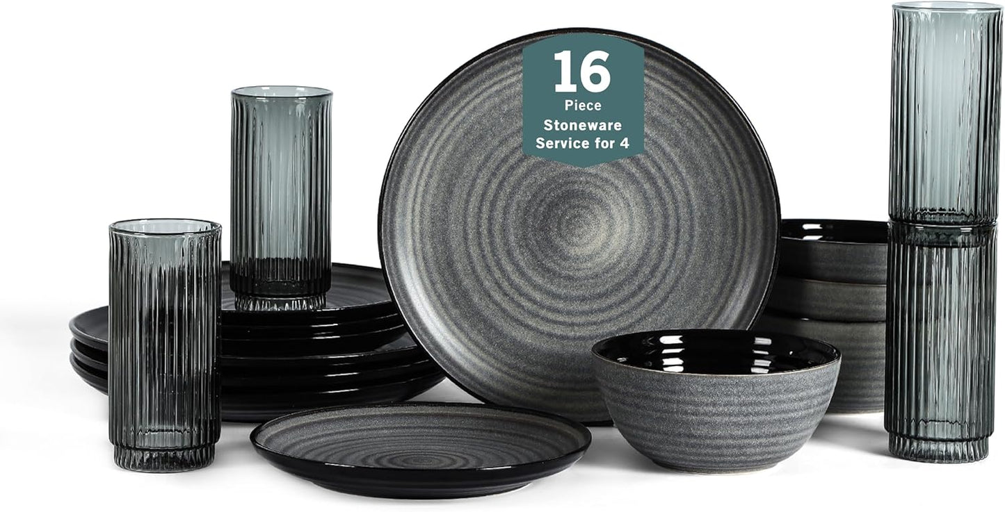 Stone Lain Dua 16-Piece Dinnerware Set Stoneware, Borosilicate Glass, Black
