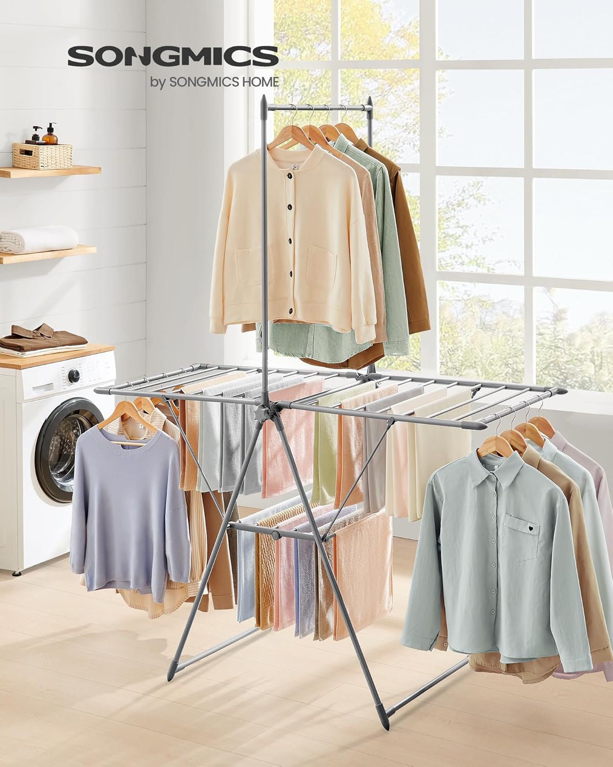 SONGMICS Clothes Drying Rack, Foldable 2-Level Laundry Drying Rack, Free-Standing Airer, 1 Additional Tall Hanging Bar, 2 Height-Adjustable Wings, 24 Drying Rails, Space Savng, Gray ULLR521G01