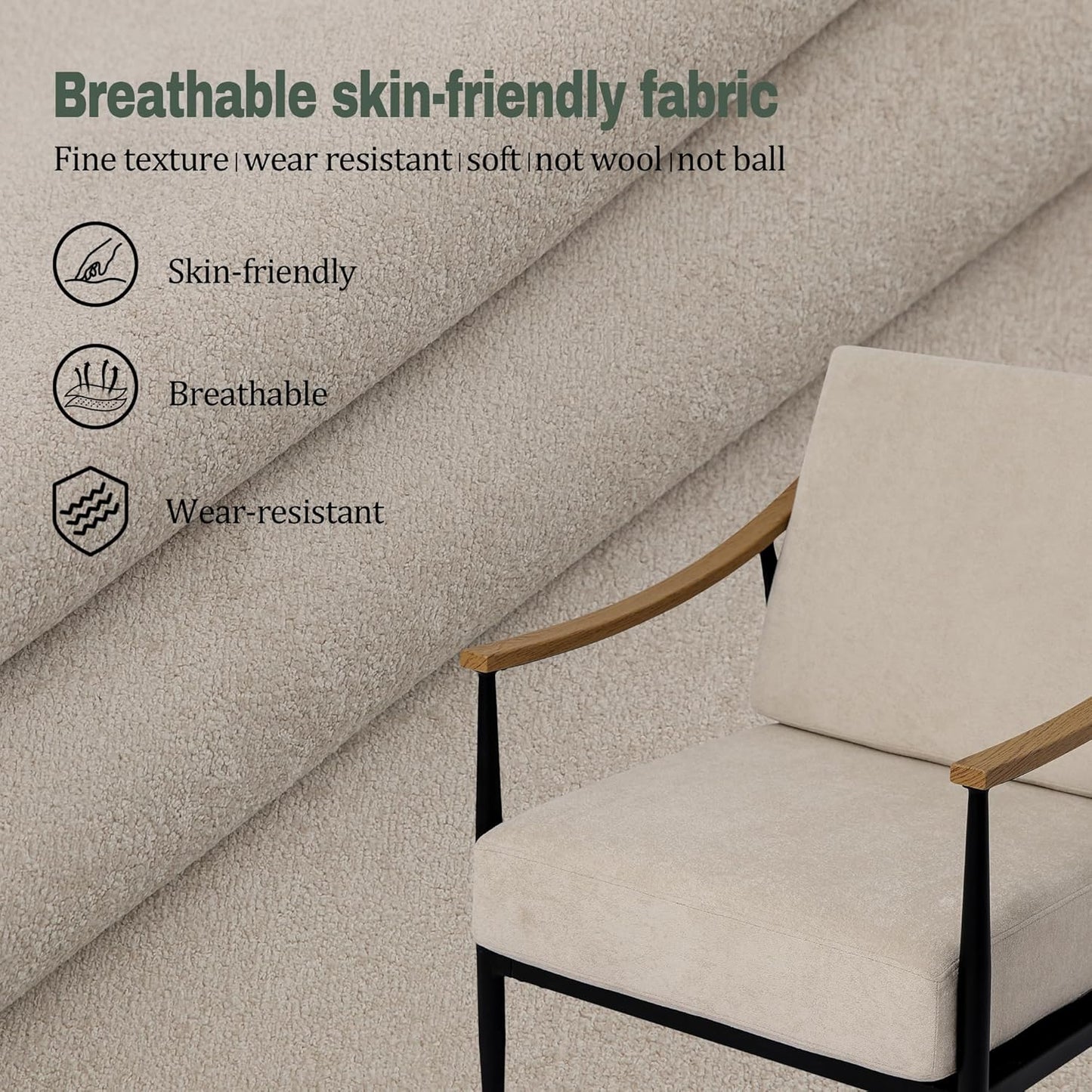 Modern Accent Chair for Living Room Bedroom Mid Century Arm Chair Upholstered Office Accent Chair Comfy Waiting Room Chair with Metal Frame, Beige