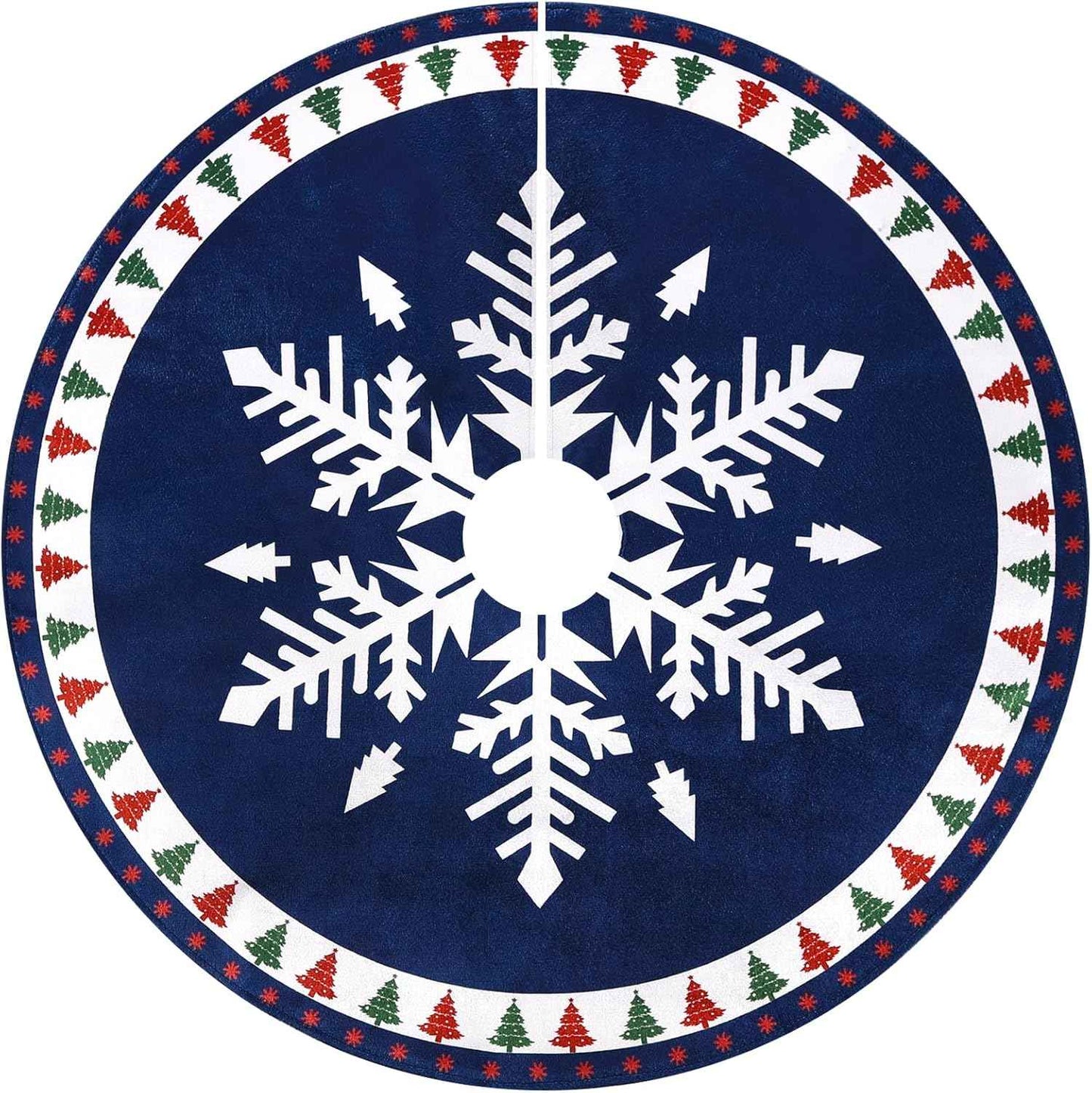 MACTING Christmas Tree Skirt, 30 Inch Round Blue Polyester Christmas Tree Skirts with Big Snowflake and Christmas Tree Printed for Holiday Party Rustic Xmas Tree Decoration