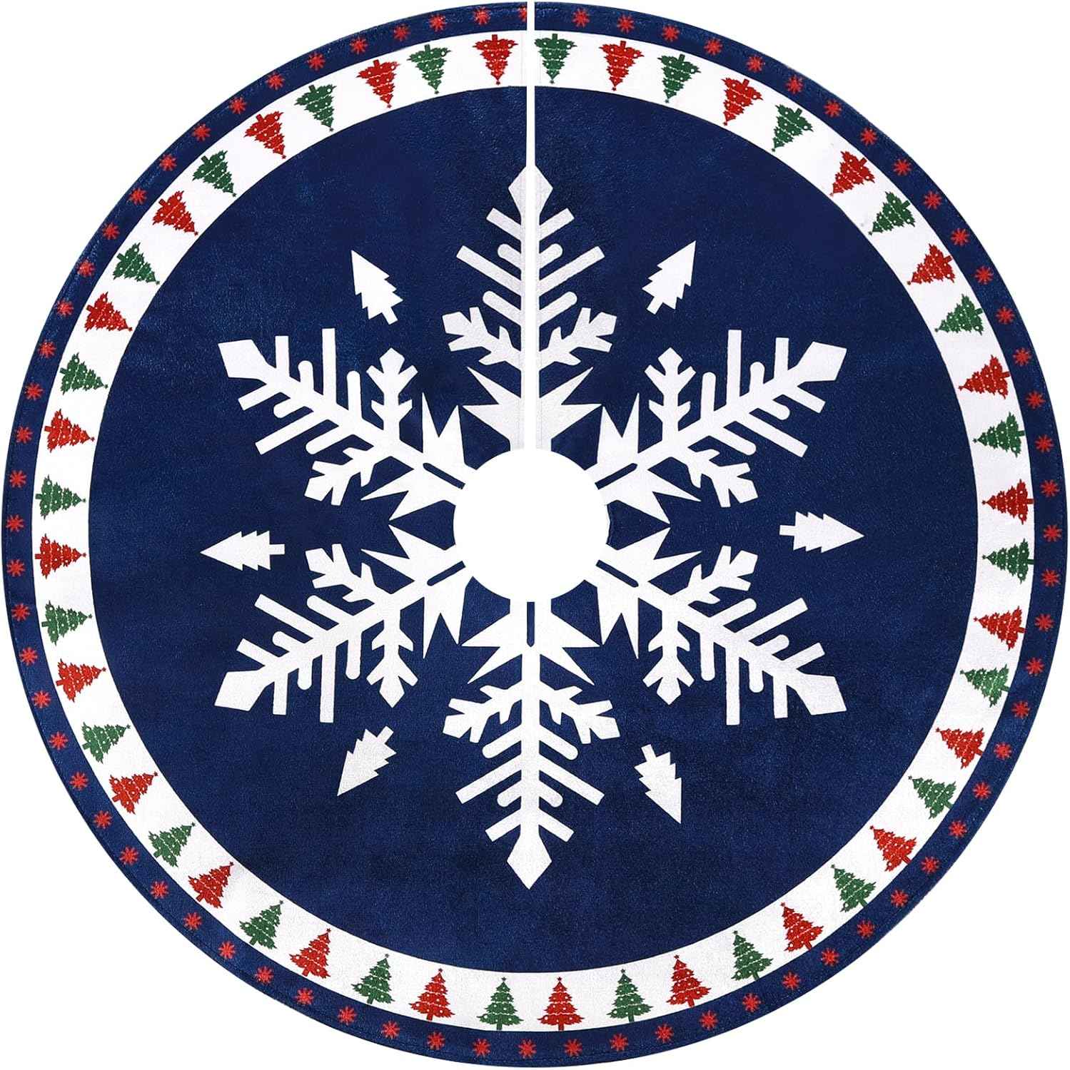 MACTING Christmas Tree Skirt, 30 Inch Round Blue Polyester Christmas Tree Skirts with Big Snowflake and Christmas Tree Printed for Holiday Party Rustic Xmas Tree Decoration