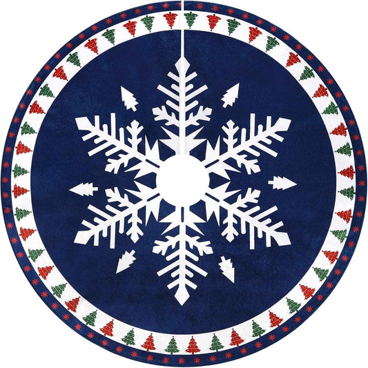 MACTING Christmas Tree Skirt, 30 Inch Round Blue Polyester Christmas Tree Skirts with Big Snowflake and Christmas Tree Printed for Holiday Party Rustic Xmas Tree Decoration