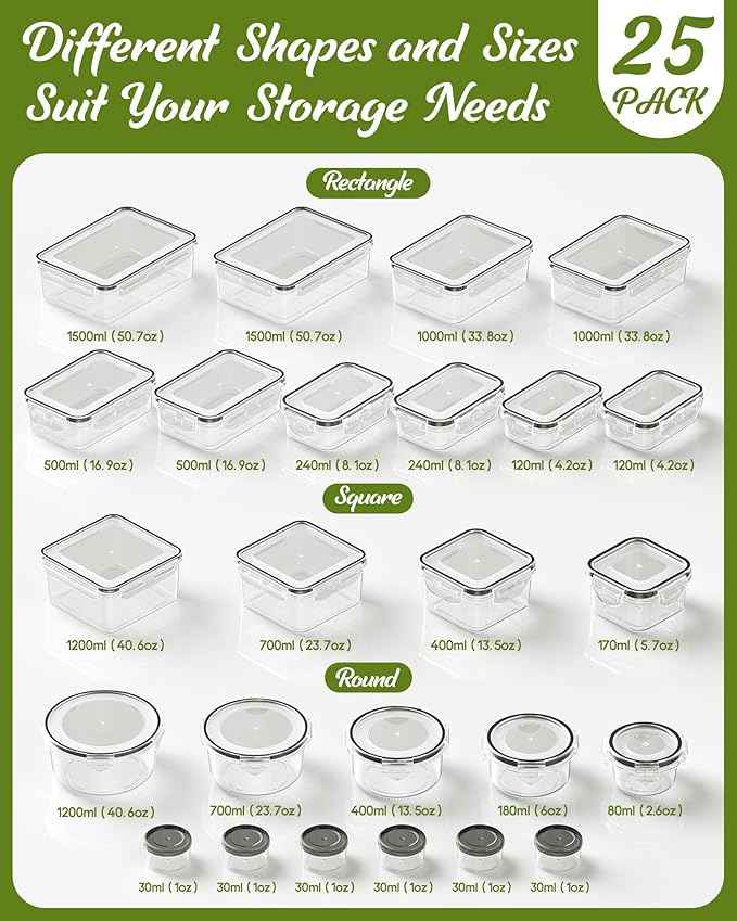 50 Piece Food Storage Containers with Lids(25 Containers & 25 Lids), BPA-Free Plastic Food Containers for Kitchen Storage and Organization, Leak Proof Meal Prep Container, Includes Labels & Pen