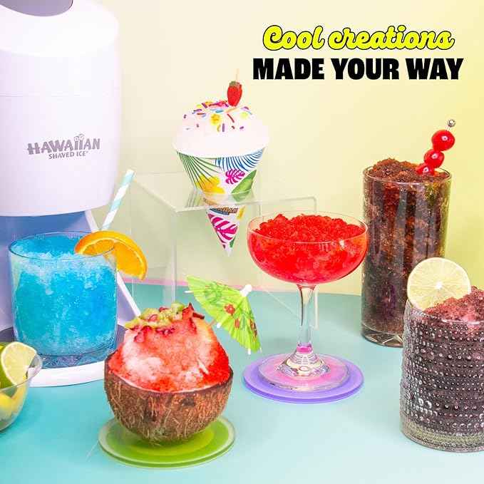Hawaiian Shaved Ice Machine Kit - 3 Flavors, 25 Cups, Straws, Pourers, Ice Molds