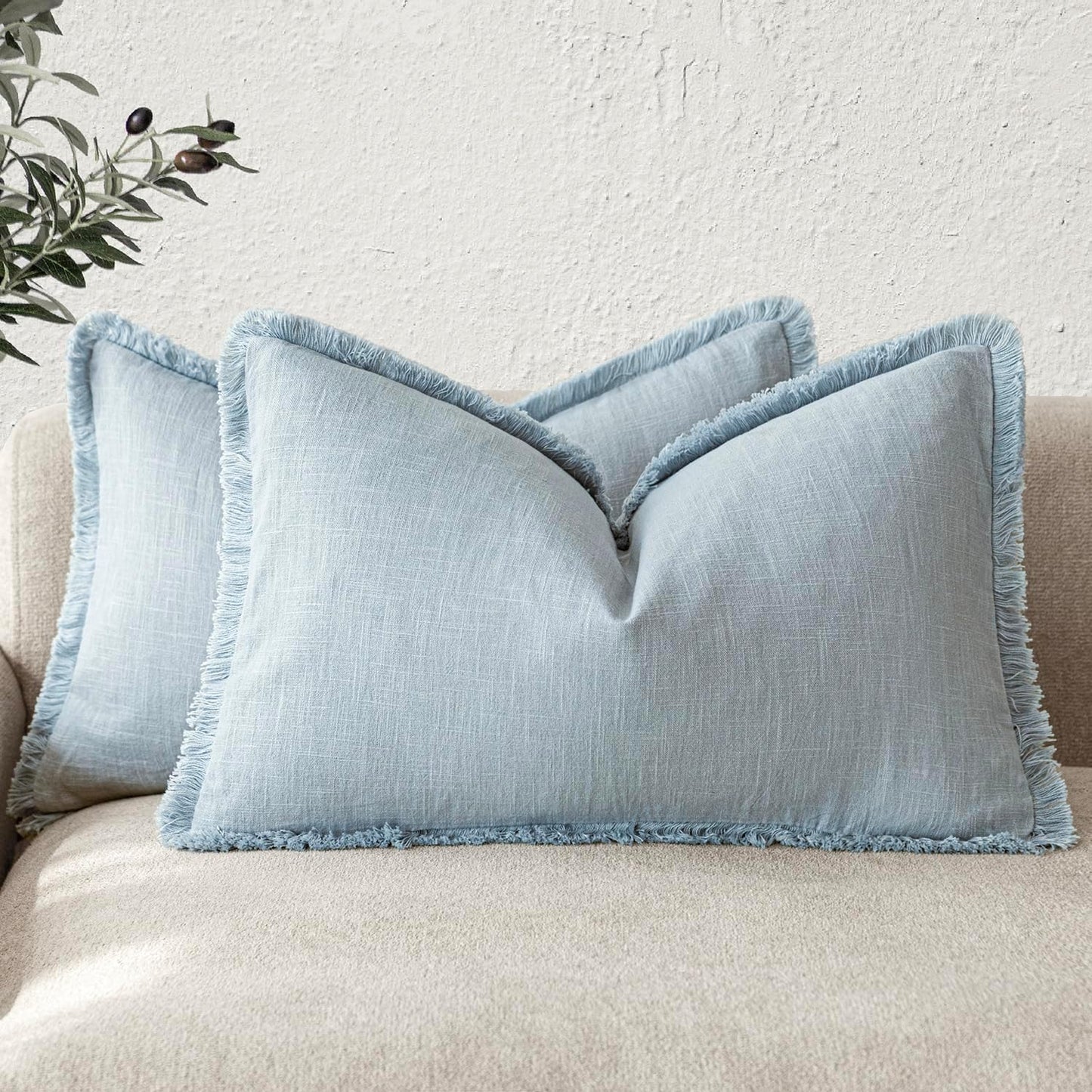 Foindtower Set of 2 Decorative Linen Fringe Lumbar Throw Pillow Covers Boho Farmhouse Cushion Cover with Tassels Soft Accent Pillowcase for Couch Sofa Bed Living Room Home Decor,12×24 Inch,Sky Blue