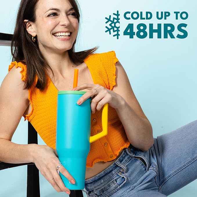 Elemental 40 oz Tumbler with Handle and Straw - Spill Proof Insulated Stainless Steel Commuter for Cold Beverages - Travel Coffee Mug with 2 Straws & Spill Proof Lid - 40oz- Blue Lagoon