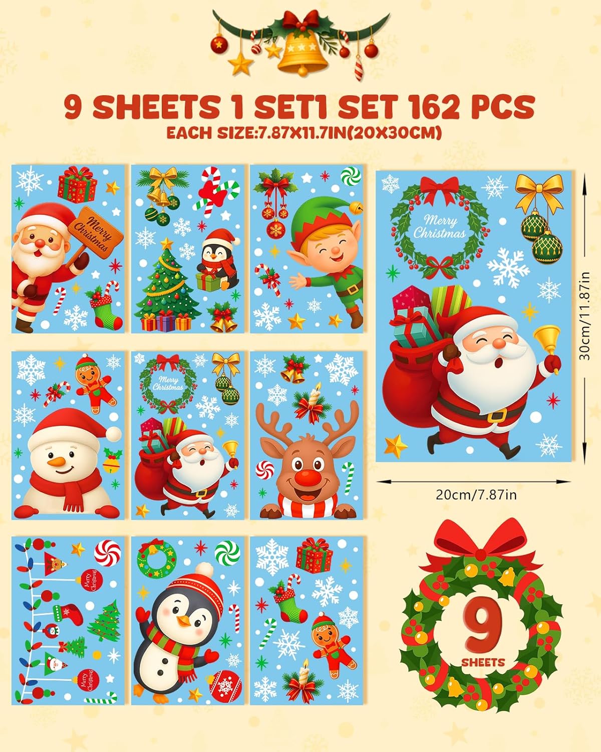 Christmas Window Clings - 9 Sheets 162 Pcs Cute Xmas Decorations for Winter Holiday Home Party Santa Reindeer Snowman Gingerbread Snowflake Stickers for Glass Double-Sided Static Window Decals