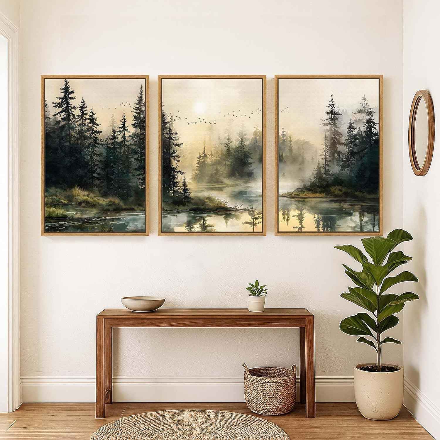 Framed Forest Landscape Wall Art for Living Room, Large 3 Piece Misty Pine Tree Nature Scenic Artwork for Walls, Rustic Woodland Sunset Canvas Painting Prints for Office Bedroom Wall Decor, 24x36 Inch
