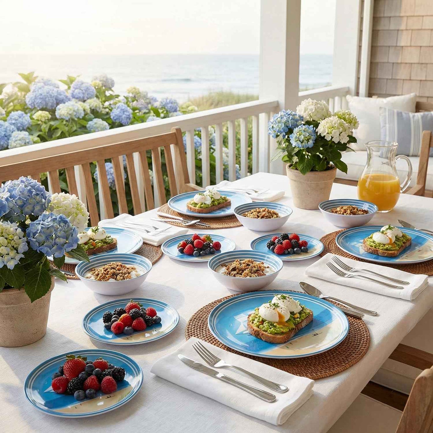 Outdoor Melamine Dinnerware Set 12-Piece, Beach Sailing Pattern Unbreakable Plates & Bowls, Dishwasher Safe Lightweight for Picnic Pool Party Camping（Sailboat）