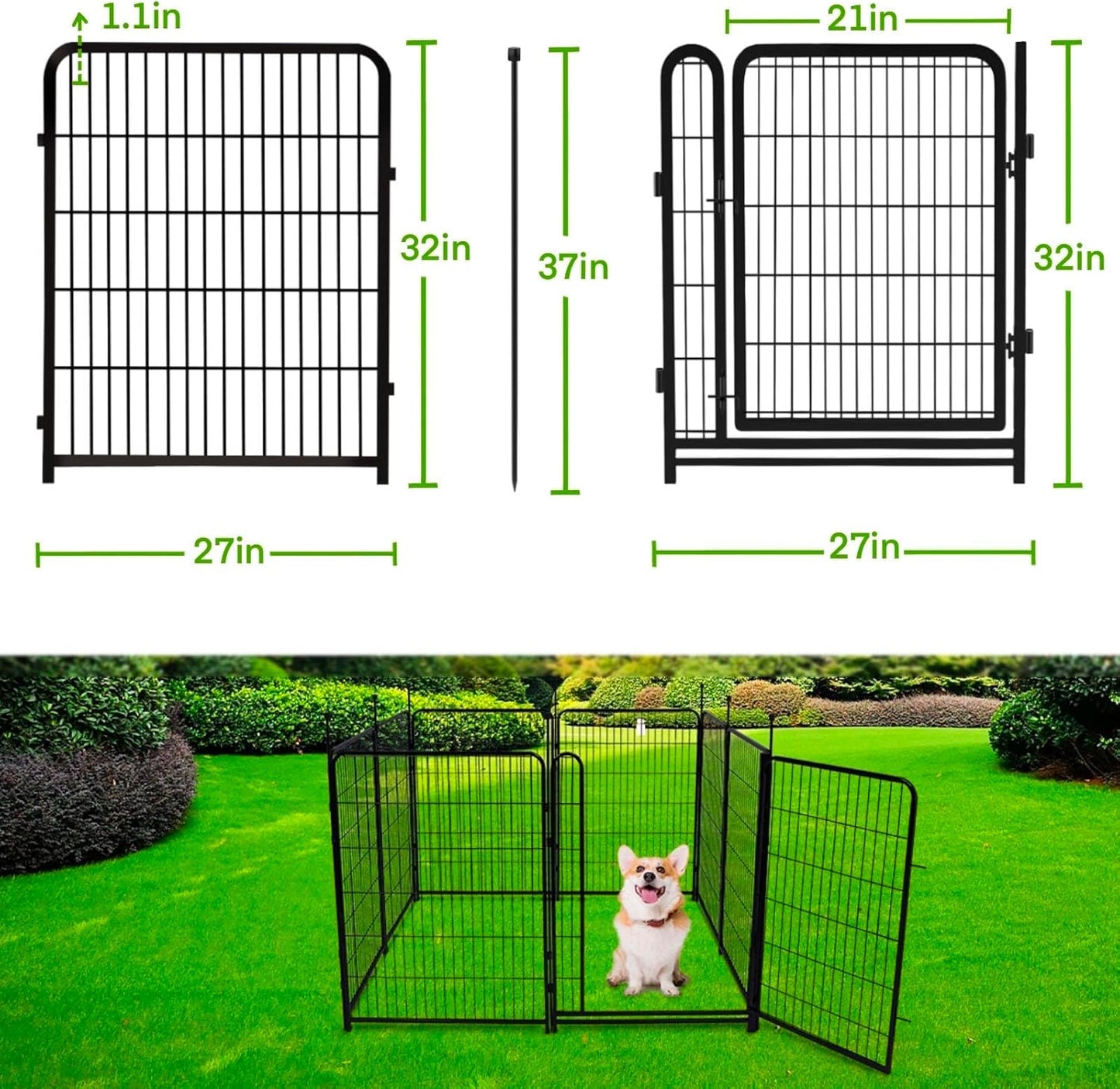 Garden Fencing 32 inch High, 12 Panels Total 26.6 Ft(L) Dog Fence Outdoor for Yard, Gate 21 Inches Wide with Low Sills. Fencing for Garden beds, Animal Barrier Fences, Rabbit Fence