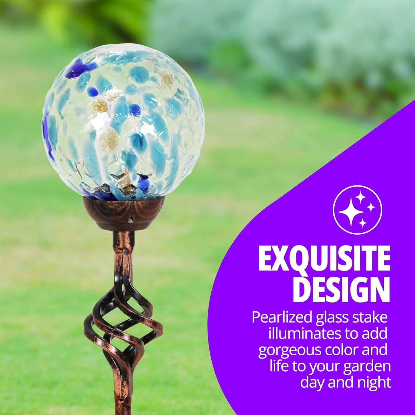 Exhart Garden Solar Lights, Decorative LED Honeycomb Glass Ball Garden Stake, Glass and Metal Outdoor Decoration, Blue, 4 x 31 Inch