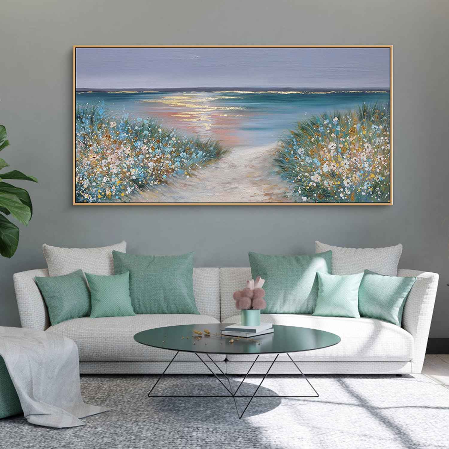 yiijeah Beach Wall Art Large Landscape Canvas Coastal Gold Picture Horizontal Artwork for Walls Ocean Prints Big Paintings Living Room Bedroom Office Home Decor 48x24 Inches