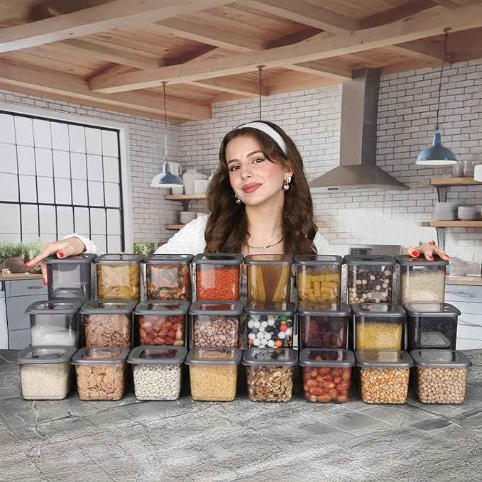 T&D HOME GOODS Storage Jars with Lid, Airtight, Set of 24 Storage Containers, BPA-Free, Storage Container for Cereal, Flour, Kitchen, Practical Organiser Kitchen, (24, 3 Square diff size)