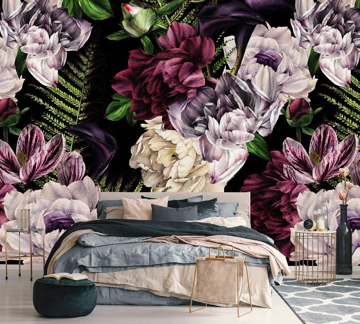 AFZEVEB-Purple Peony Wallpaper Watercolor Floral Wall Mural for Bedroom 136"x96"(Not Peel and Stick)
