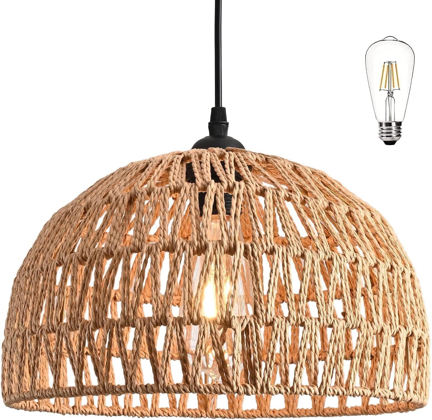 Hemp Rope Woven Pendant Light Woven Light Fixture Boho Chandelier Light Fixture Wicker Pendant Lights Rattan Lights Pendant Dome Wicker Chandelier for Dining Room Kitchen Island(Bulb Incl.